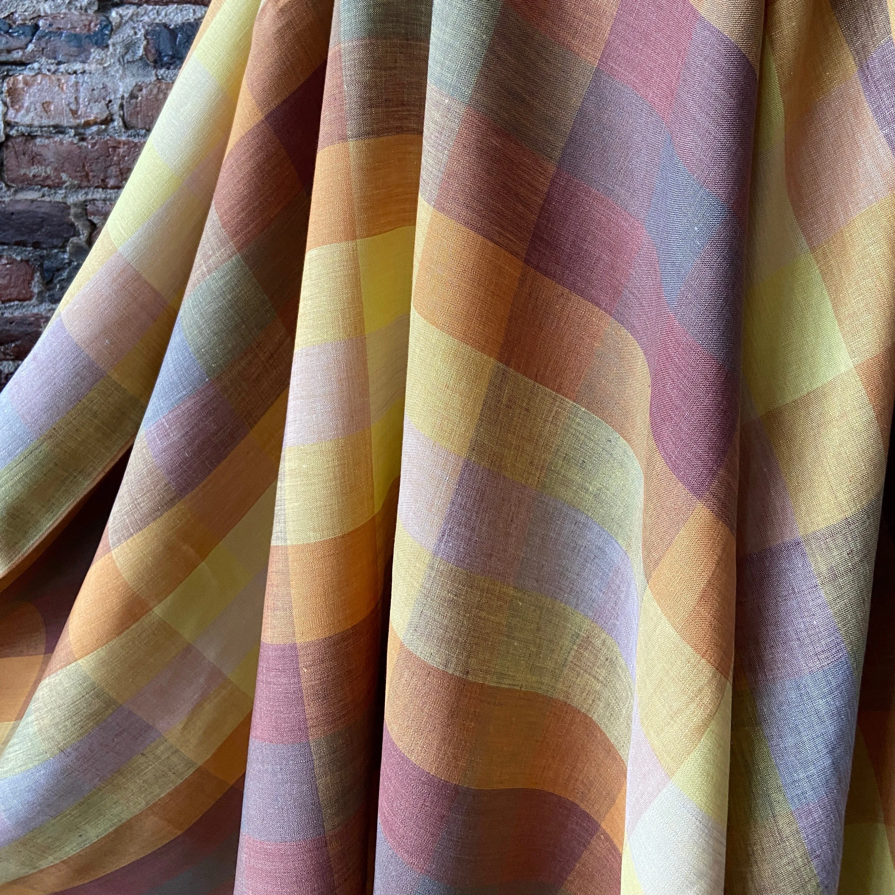 100% Yarn Dyed Linen in Sunset Square Plaid