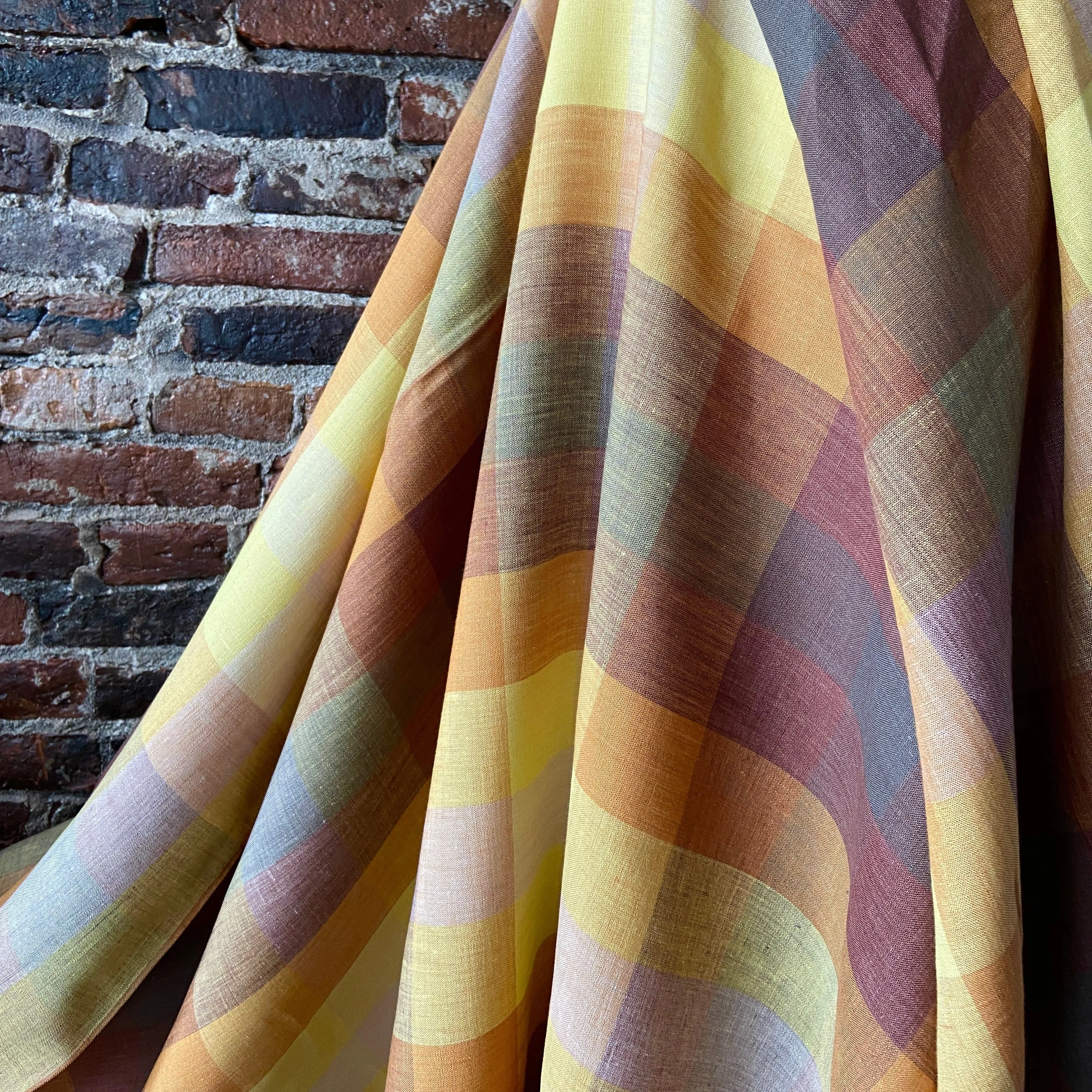 100% Yarn Dyed Linen in Sunset Square Plaid