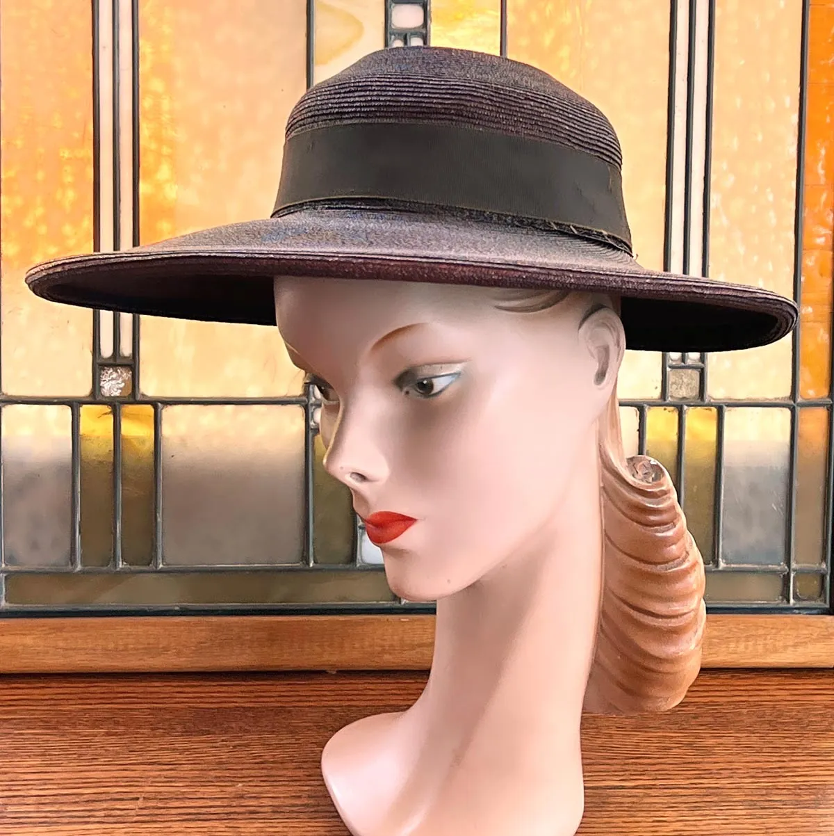 40s Vintage Platter Hat Brown Women's Wide Brim Sunnyland VFG New York Creation