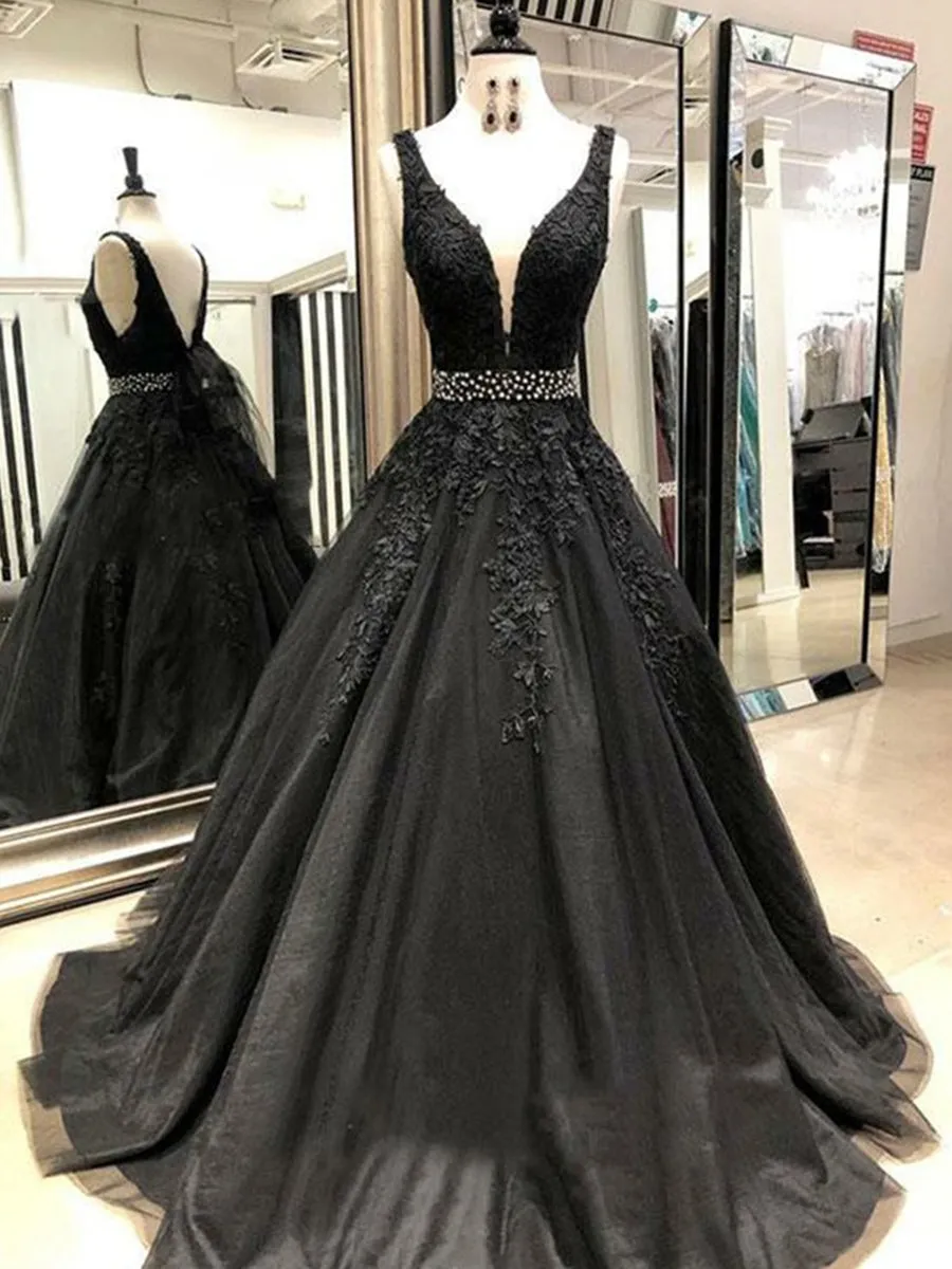 A Line V Neck Black Lace Long Prom Dresses, Lace Black Formal Dresses, Black Evening Dresses