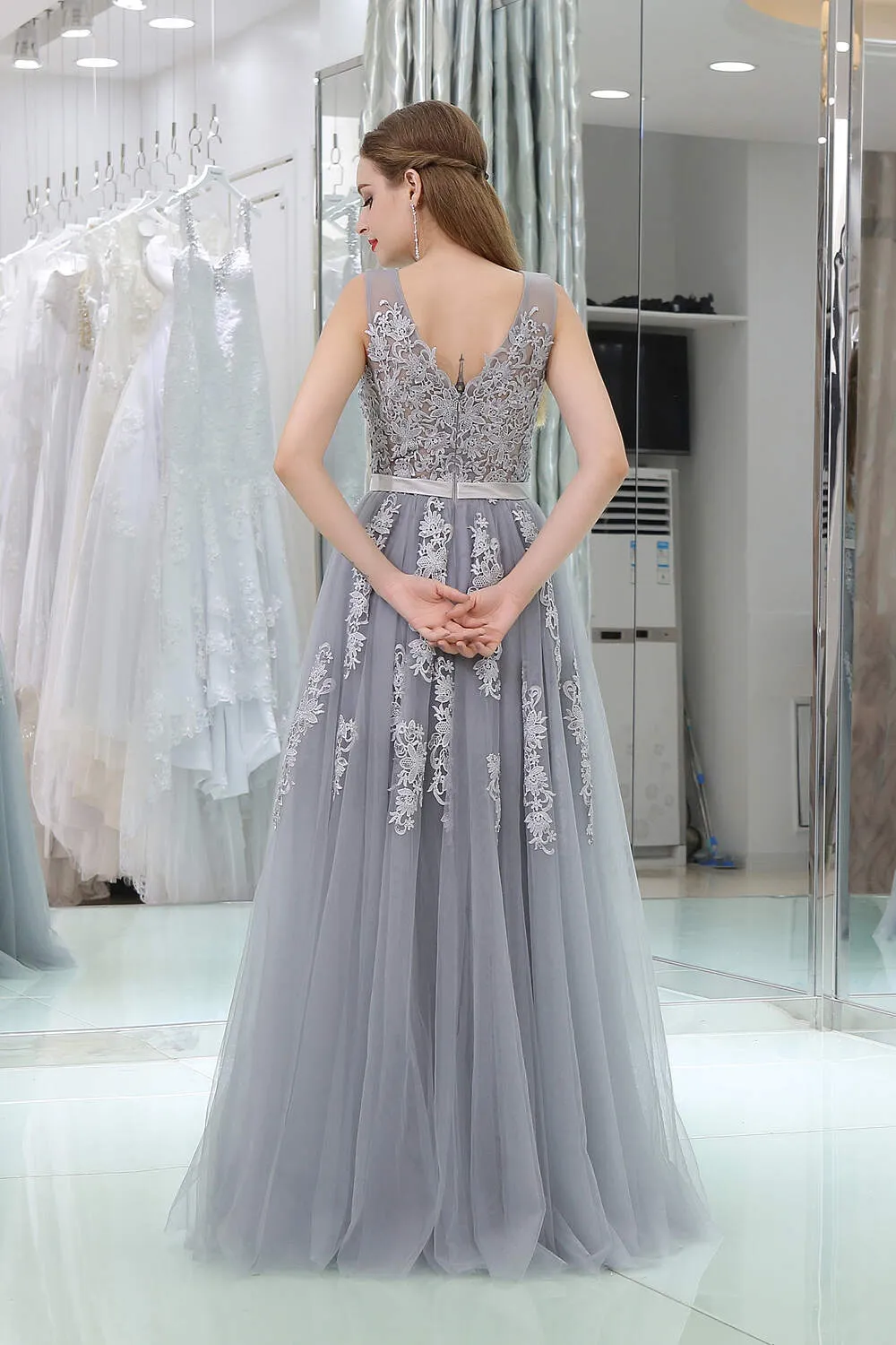 A-Line V-neck Floor-Length Tulle Appliqued Long Prom Dresses