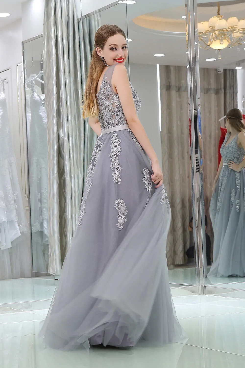 A-Line V-neck Floor-Length Tulle Appliqued Long Prom Dresses