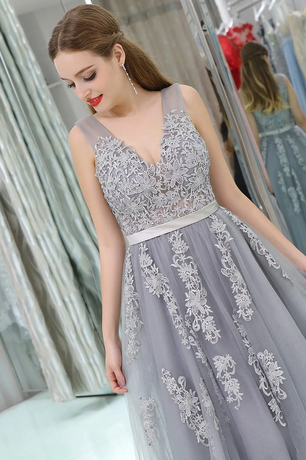 A-Line V-neck Floor-Length Tulle Appliqued Long Prom Dresses