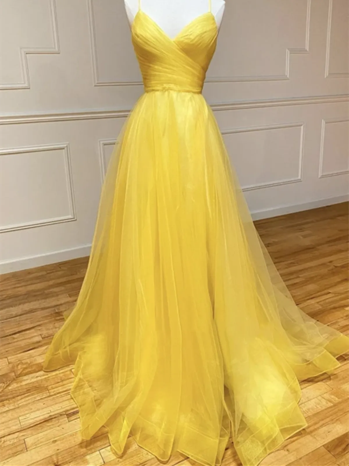 A Line V Neck Yellow Backless Tulle Long Prom Dresses, A Line V Neck Yellow Backless Tulle Long Formal Evening Dresses