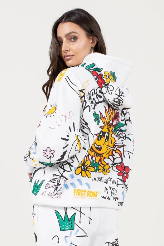 Allover Hand Drawing & Chenille Patch Hoodie White