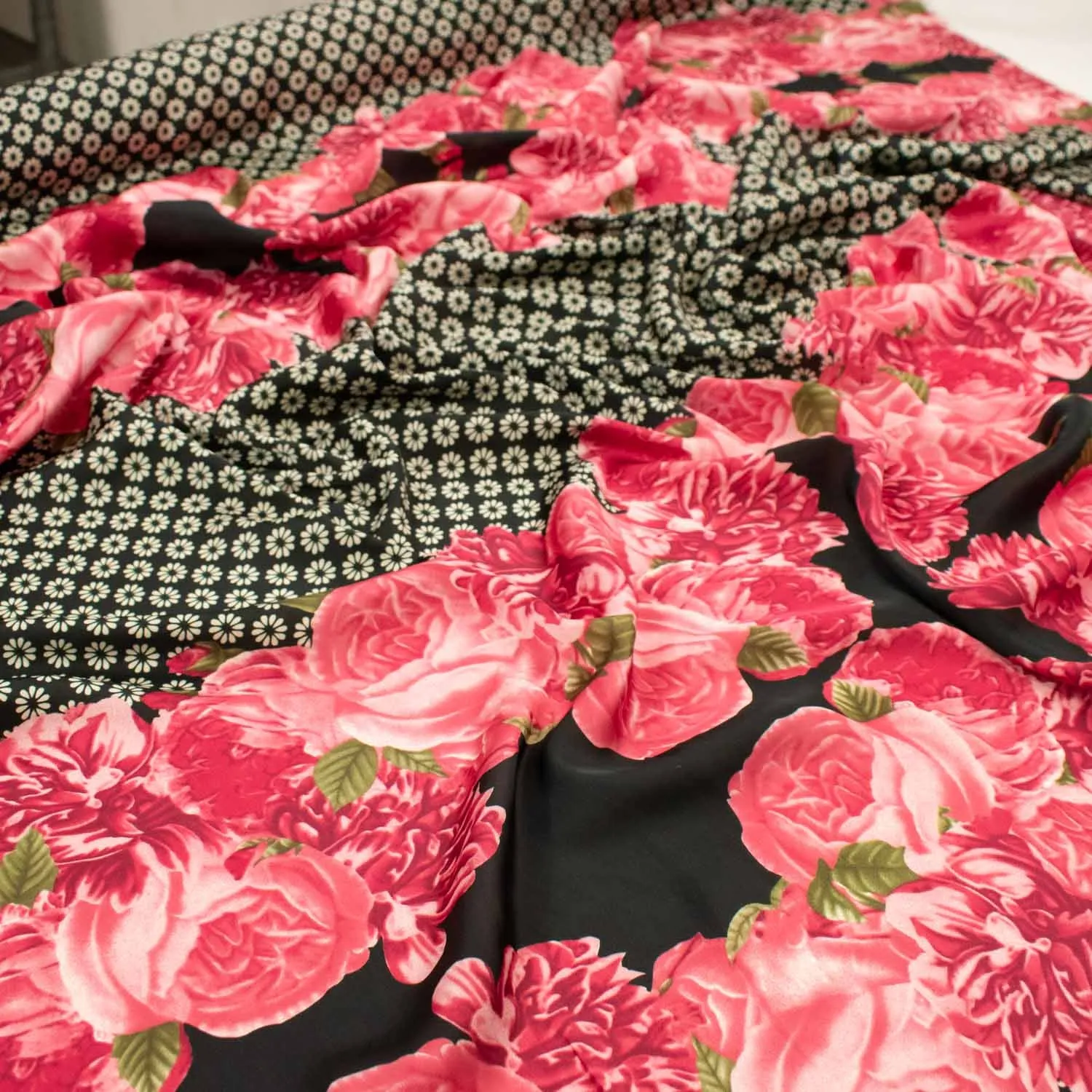 Amarylis Printed Satin Design-47 Border Red Flowers on Black