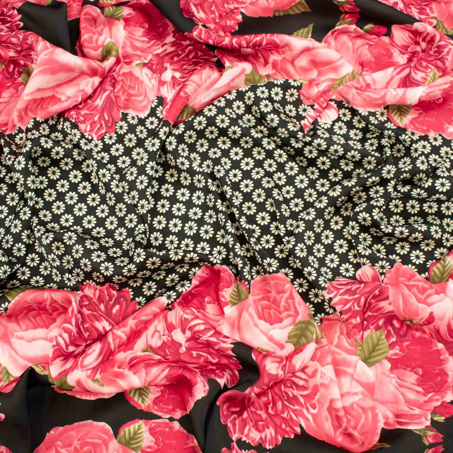 Amarylis Printed Satin Design-47 Border Red Flowers on Black