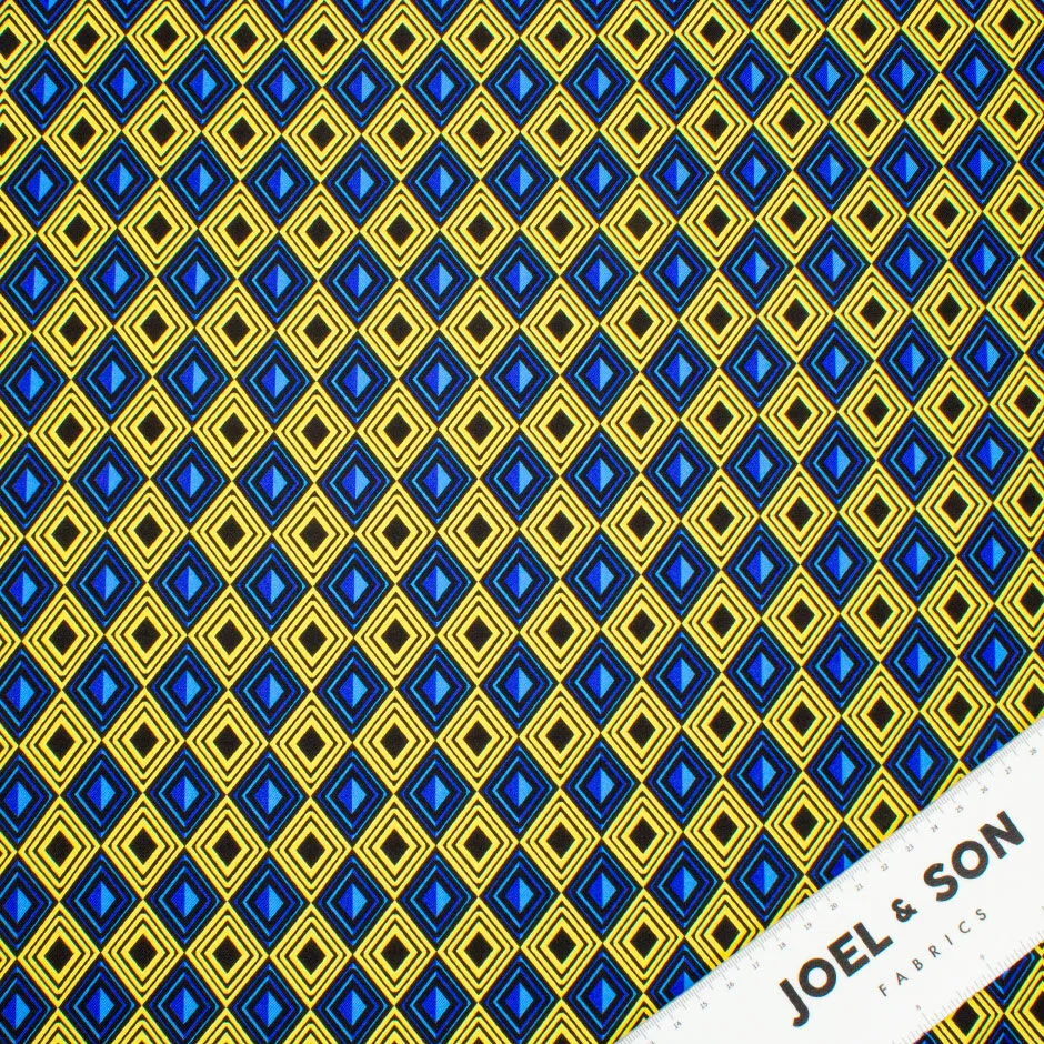 Blue, Yellow & Black Geometric Printed Silk Twill