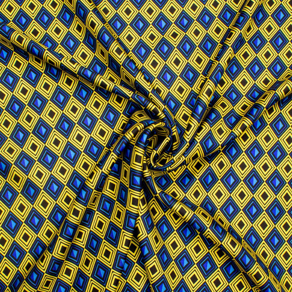 Blue, Yellow & Black Geometric Printed Silk Twill