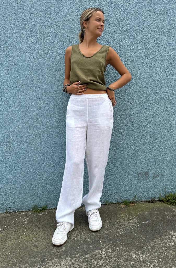 By Basics Straight Linen Pants in White