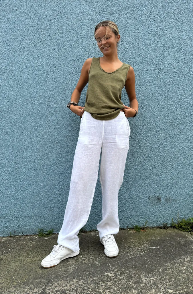 By Basics Straight Linen Pants in White