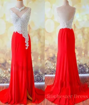 Custom Made A Line V Neck Backless Sequins Red Prom Dresses, Red Evening Dresses