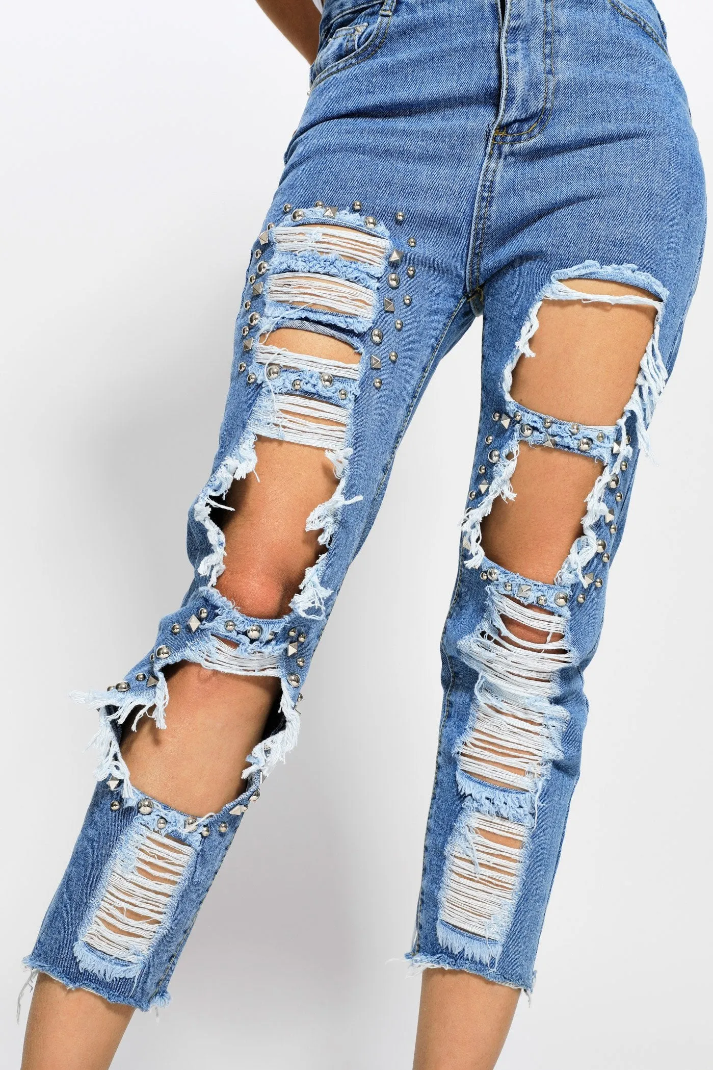 Denim Blue Distressed Studded Mum Jeans