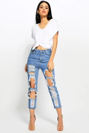 Denim Blue Distressed Studded Mum Jeans