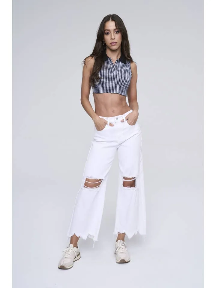 Distressed High Rise Cropped Jeans - White