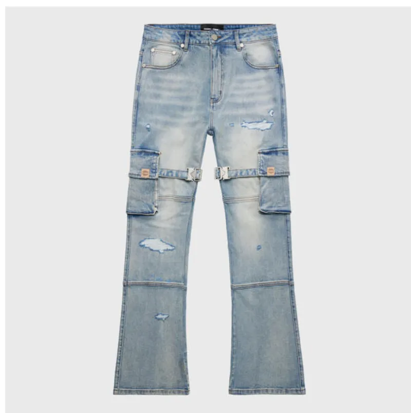 Distressed Strap Cargo Flare Denim Light Wash