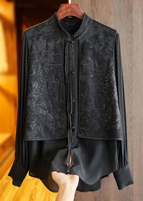 French Black Stand Collar Embroideried Patchwork Silk Blouses Spring LC0291