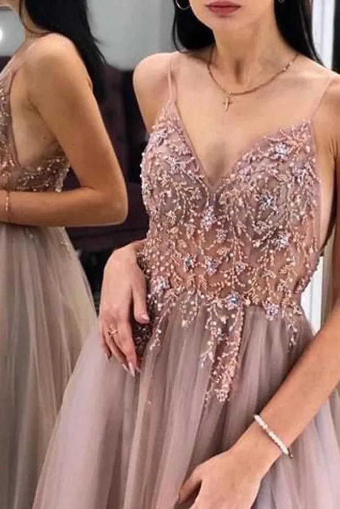 Gorgeous A-Line Spaghetti Straps V Neck Blush Tulle Prom Dresses, Cheap Evening Dresses SWK15235