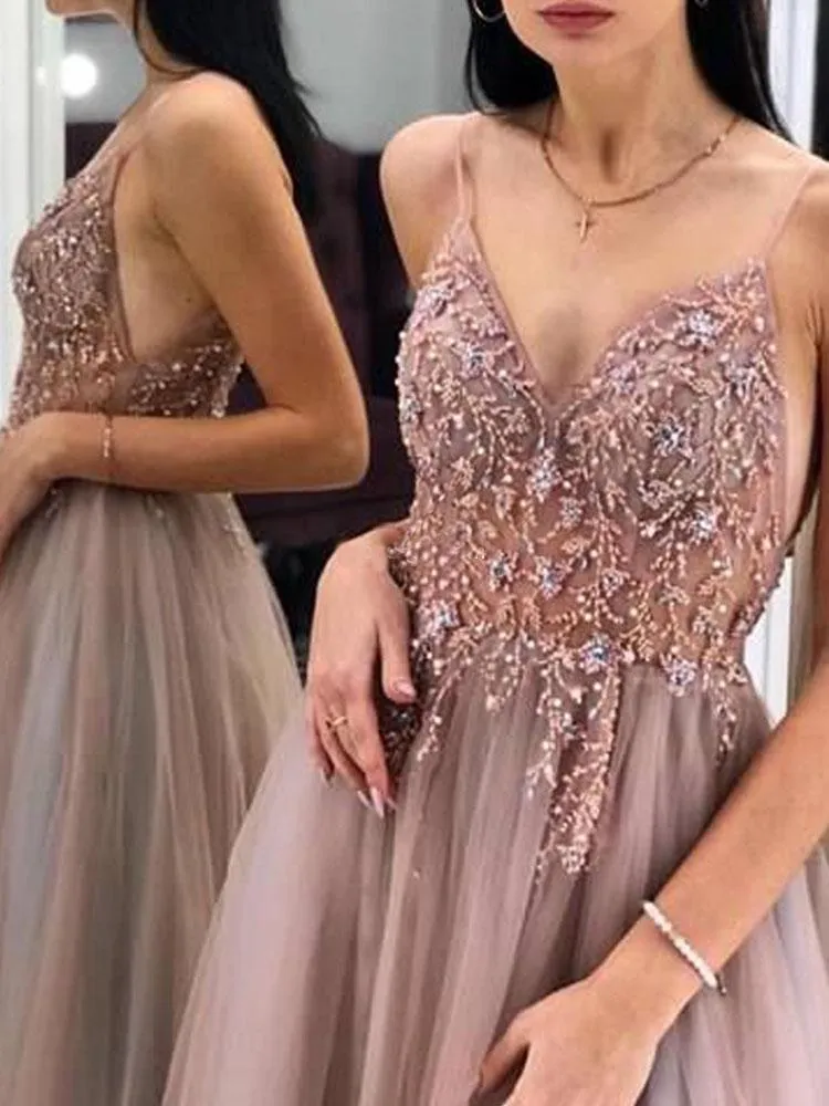 Gorgeous A-Line Spaghetti Straps V Neck Blush Tulle Prom Dresses, Cheap Evening Dresses SWK15235