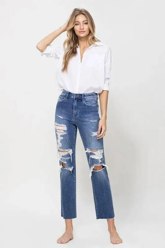 High Rise Straight Distressed Jeans