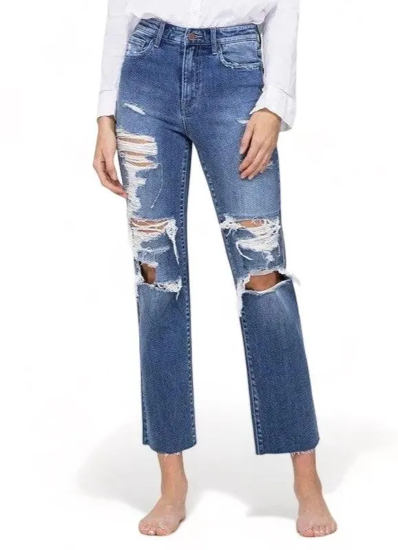 High Rise Straight Distressed Jeans