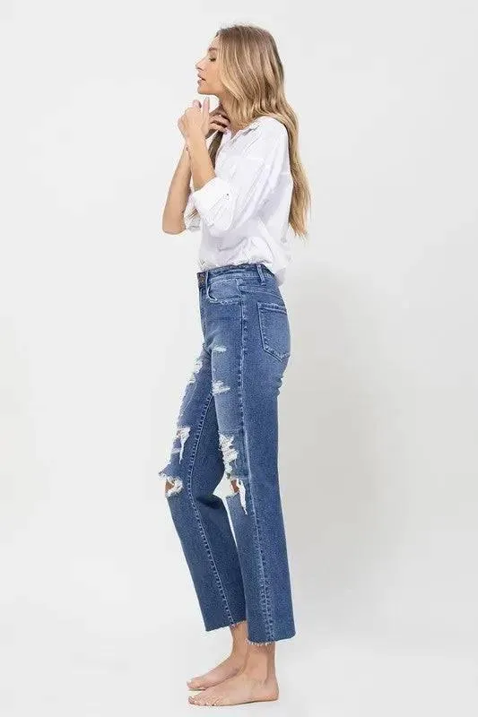 High Rise Straight Distressed Jeans