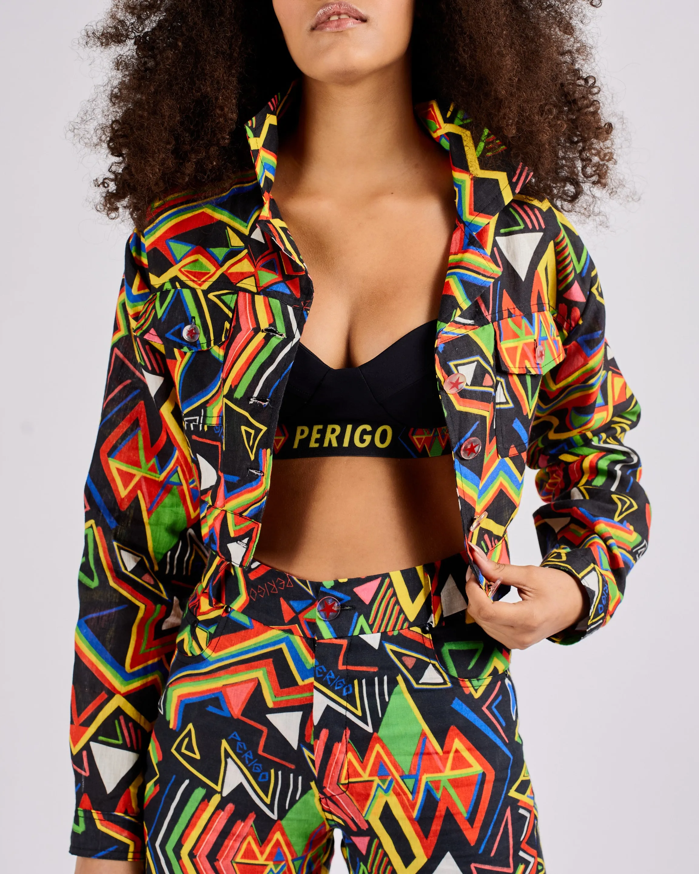 LINEN CROPPED JACKET IN GRAPHIC PRINT