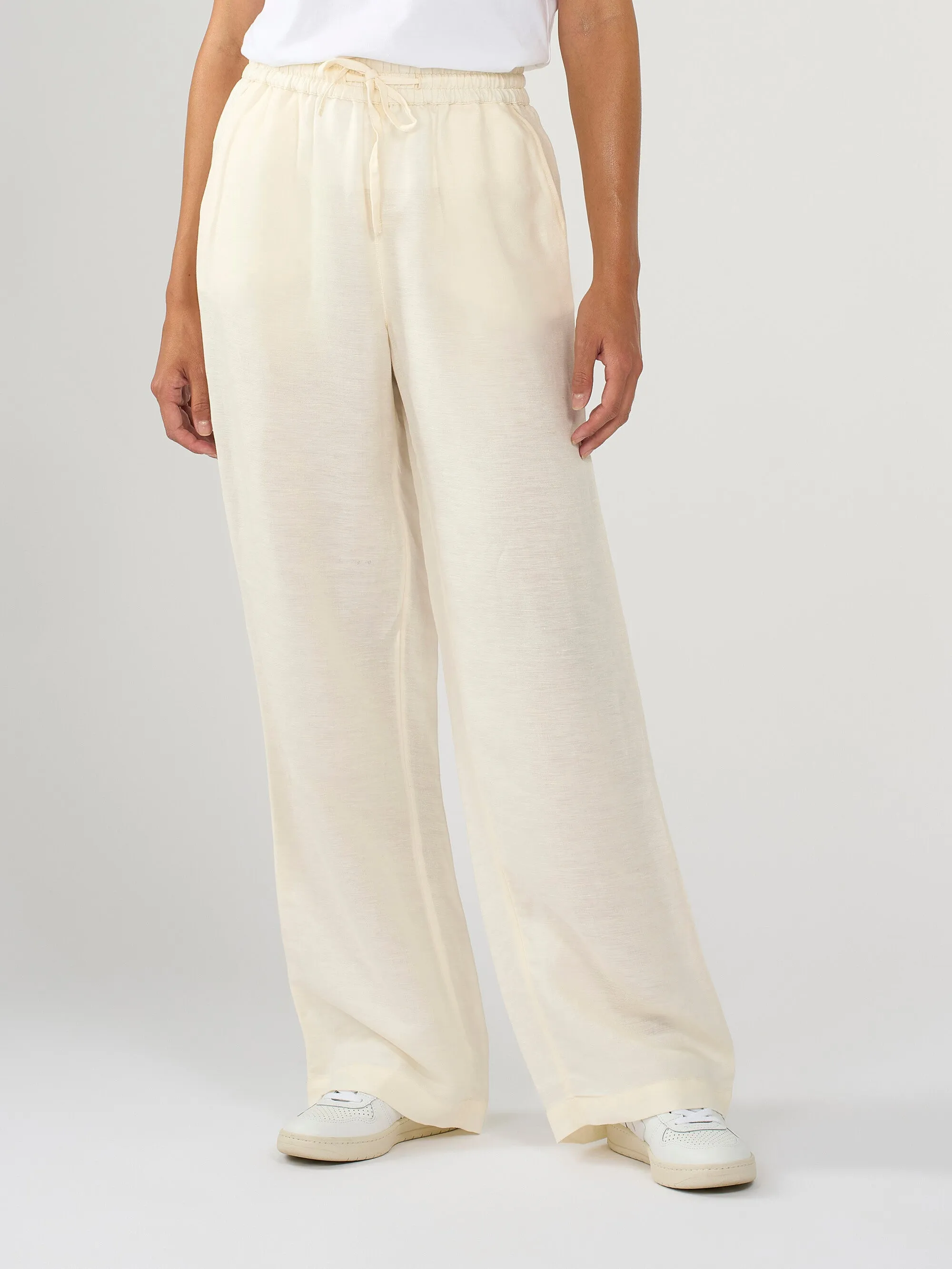 Linen Mix Elastic Waist Pants - Buttercream