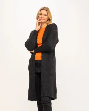 Long Cardigan Style Chunky Knit Jacket With Pockets And Graphic Black