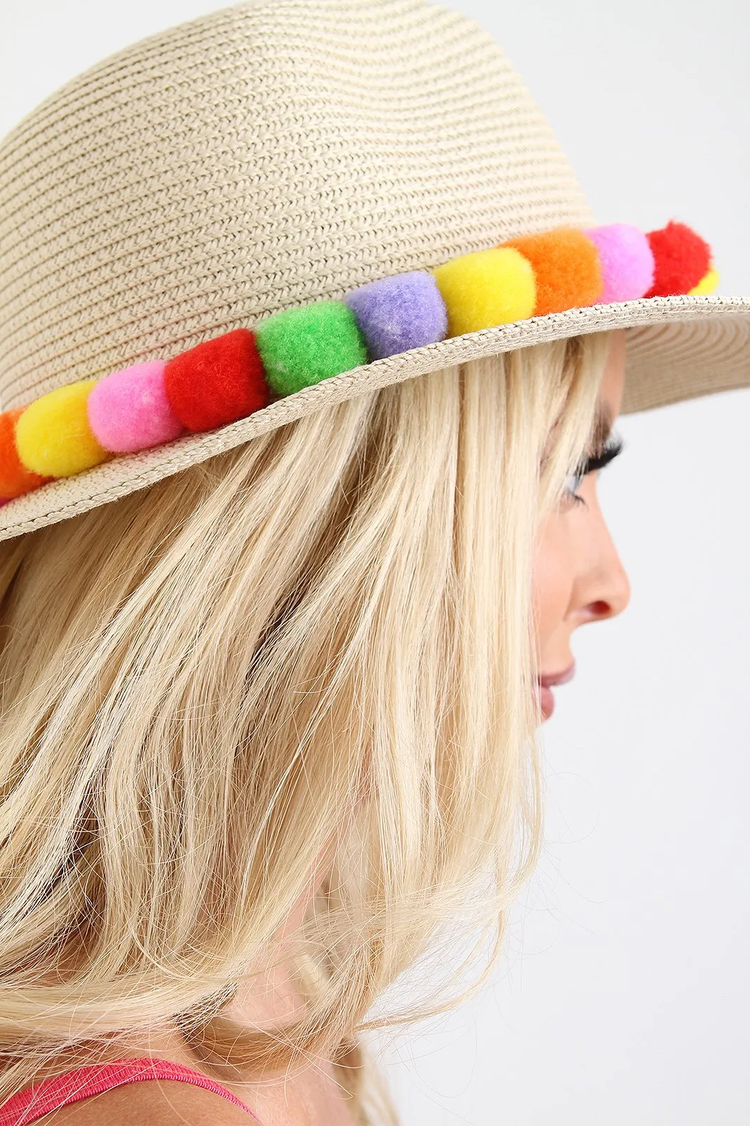 Multi Colored Pom Pom Panama Hat