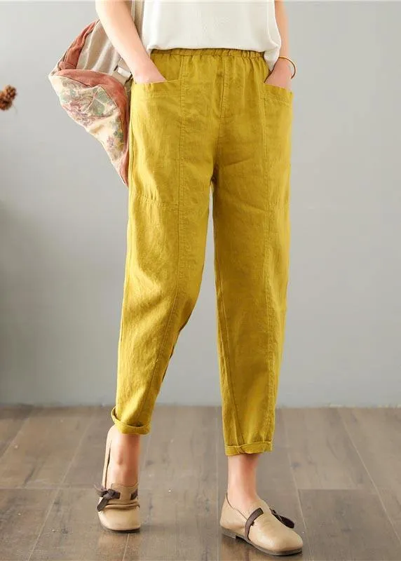 Natural Yellow Pockets Cotton Linen  Pants Summer