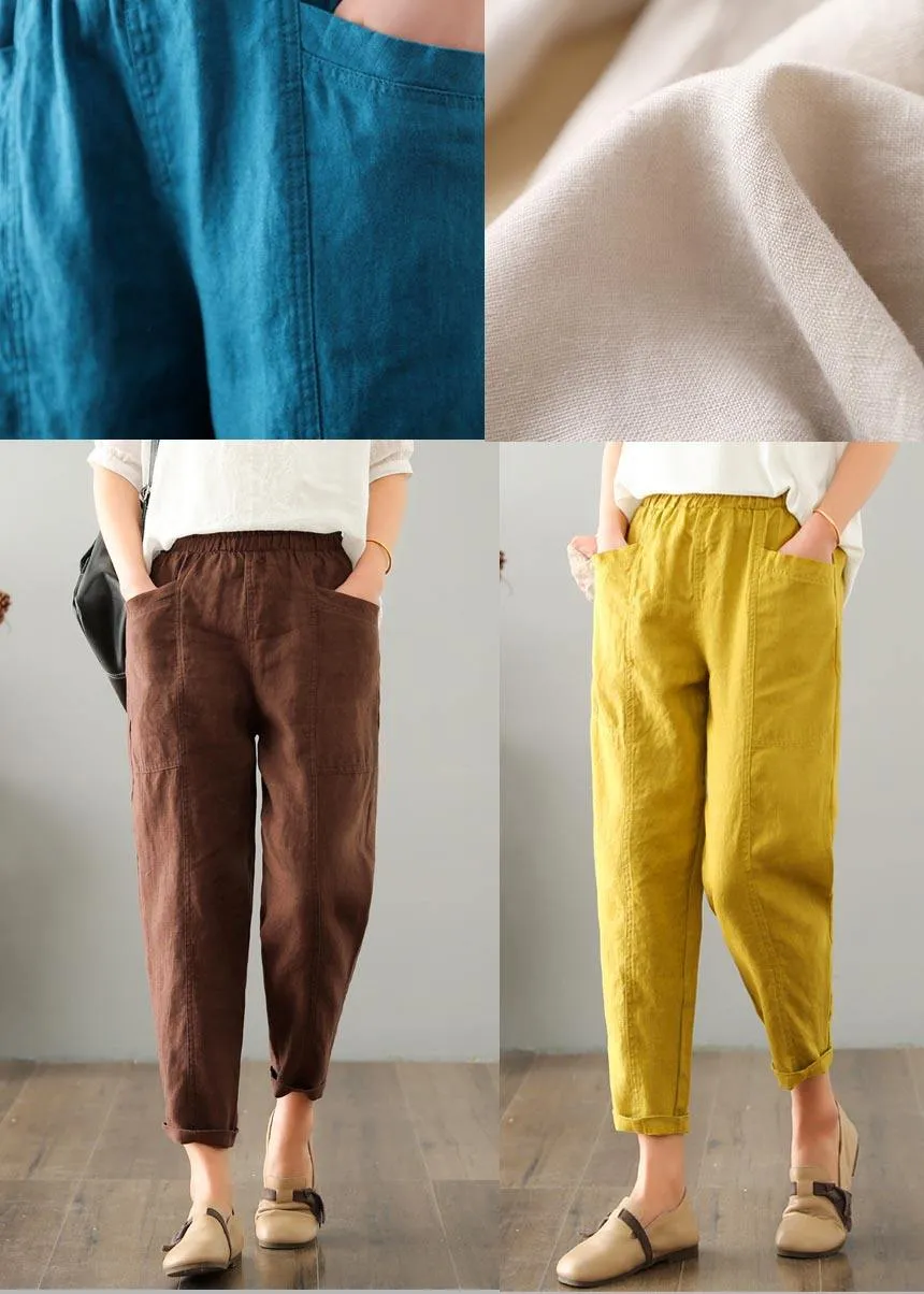 Natural Yellow Pockets Cotton Linen  Pants Summer