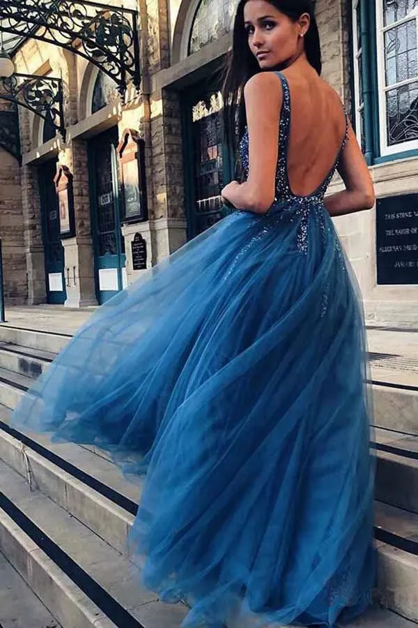 New Arrival Blue Tulle Beaded A Line V Neck Backless Long Prom Dresses, SP544