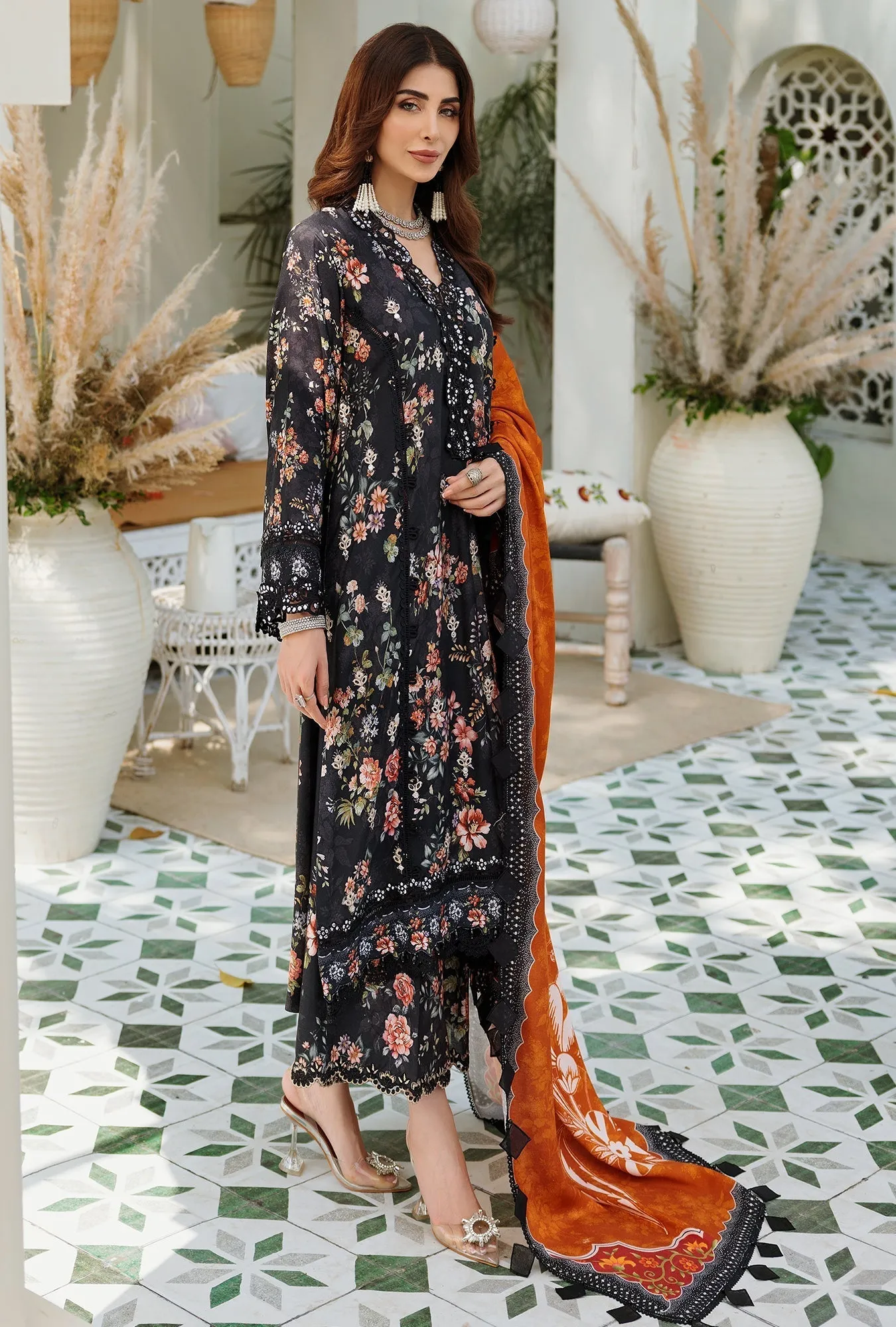 Noor by Saadia Asad Embroidered Prints Woolen Shawl Collection – D1-A-RUST-WOOD