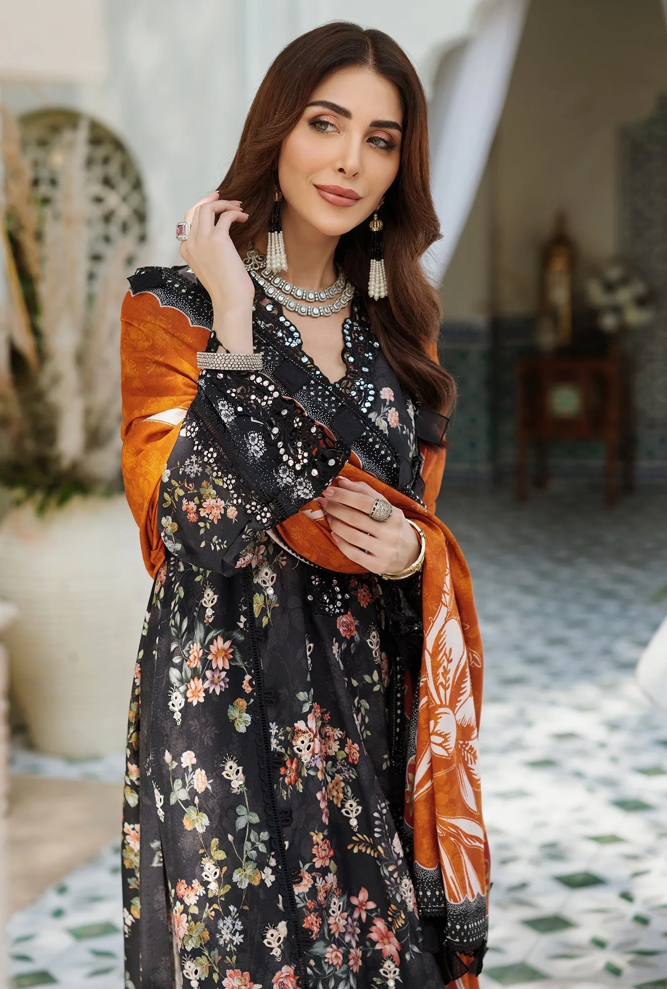 Noor by Saadia Asad Embroidered Prints Woolen Shawl Collection – D1-A-RUST-WOOD