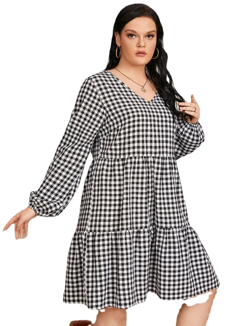 Plus Size V-neck Plaid Long Sleeves Dress