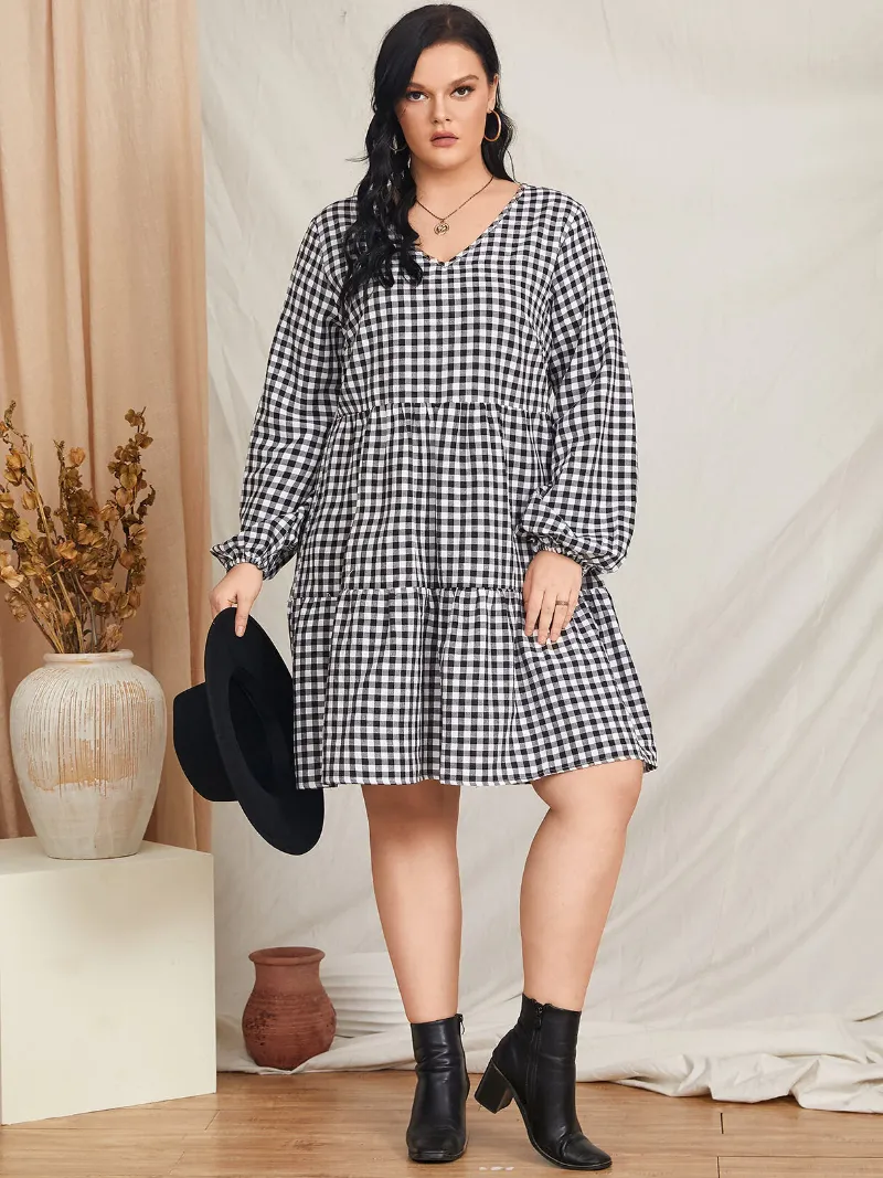 Plus Size V-neck Plaid Long Sleeves Dress