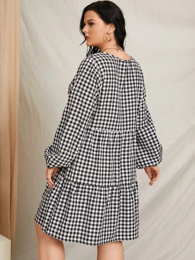 Plus Size V-neck Plaid Long Sleeves Dress