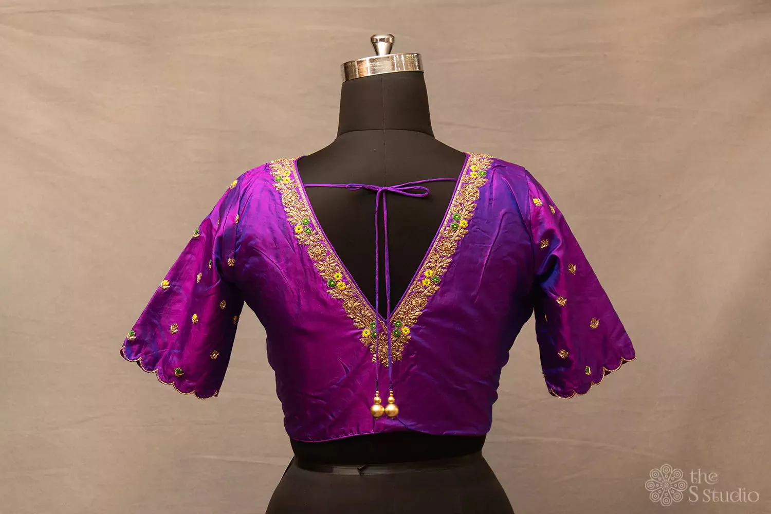 Purple hand embroidered silk blouse with neck pattern