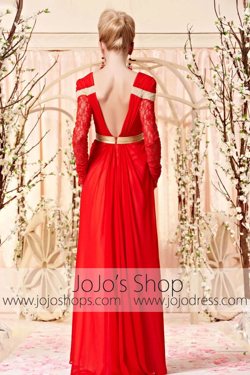 Retro Long Sleeves Red and Gold Evening Dress