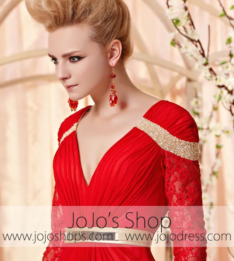 Retro Long Sleeves Red and Gold Evening Dress