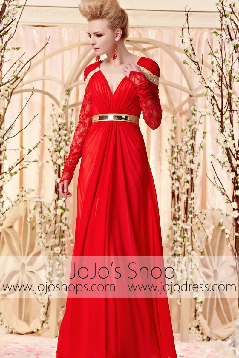 Retro Long Sleeves Red and Gold Evening Dress