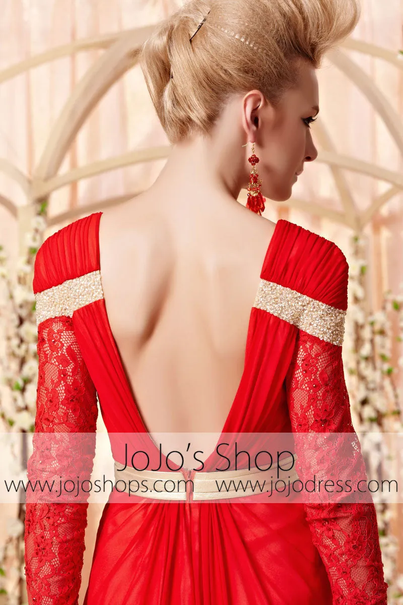 Retro Long Sleeves Red and Gold Evening Dress