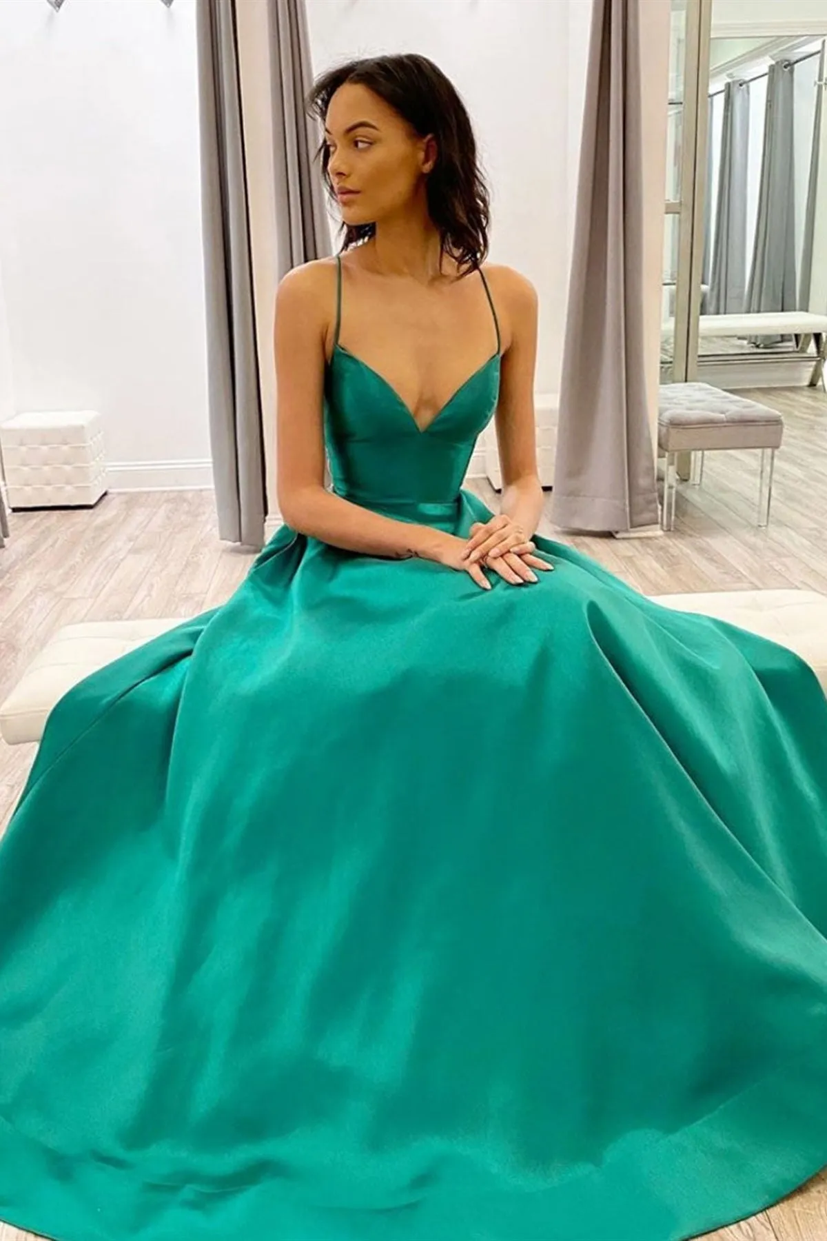 Simple V Neck Green Satin Long Prom Dresses, V Neck Green Formal Graduation Evening Dresses