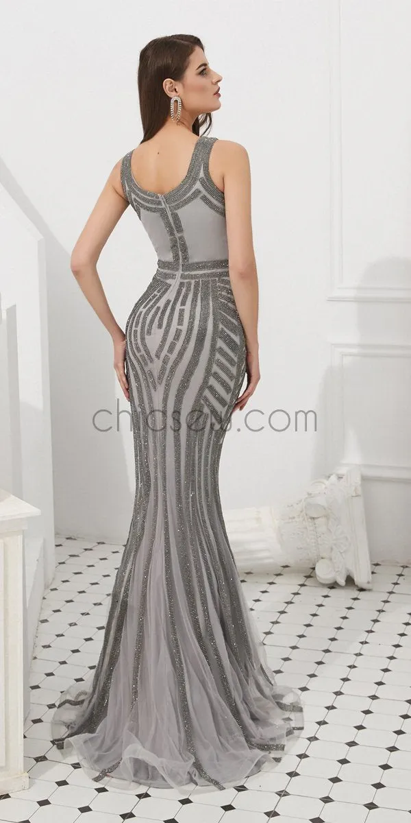 Sparkly Real Made Silver Mermaid V-Neck High Quality  Long Prom Dresses With Beads, Evening Dresses LMX1151