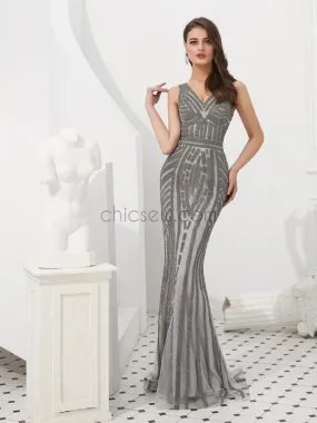 Sparkly Real Made Silver Mermaid V-Neck High Quality  Long Prom Dresses With Beads, Evening Dresses LMX1151