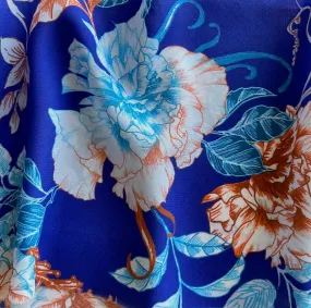 Spiced Sky Blue Peonies on Cobalt Silk Crepe de Chine (Made in Italy)