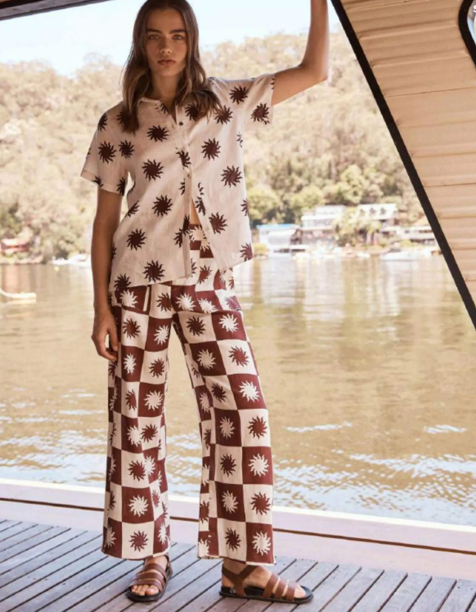 Sun Checker Print Linen Pants