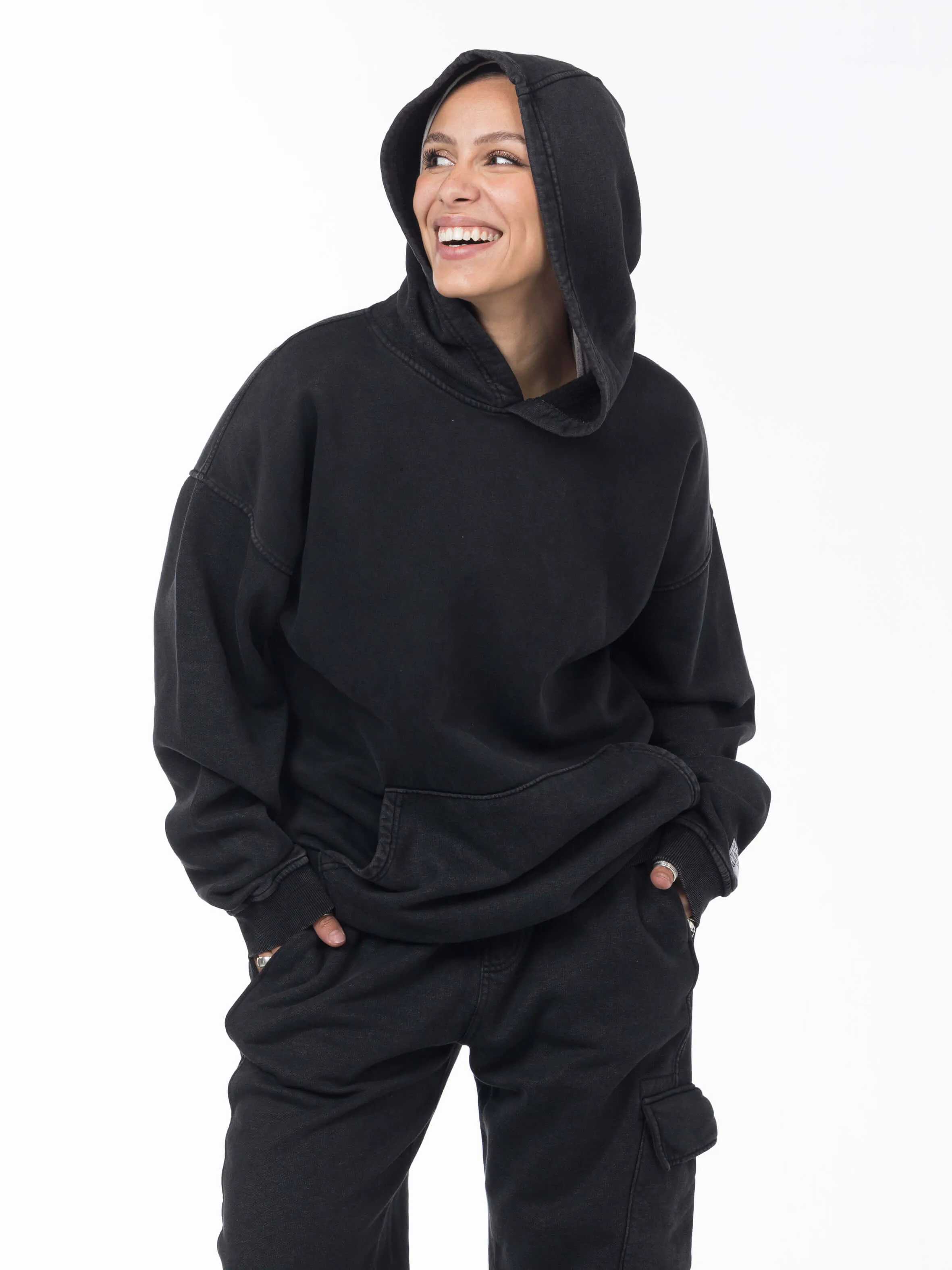 Unisex Acid Washed Oversized Hoodie - Black