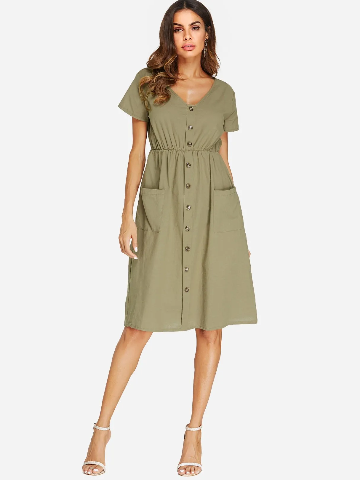 Wholesale Army Green V-Neck Short Sleeve Plain Side Pockets Dresses